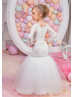 Mermaid Ivory Lace Tulle Floor Length Beaded Flower Girl Dress